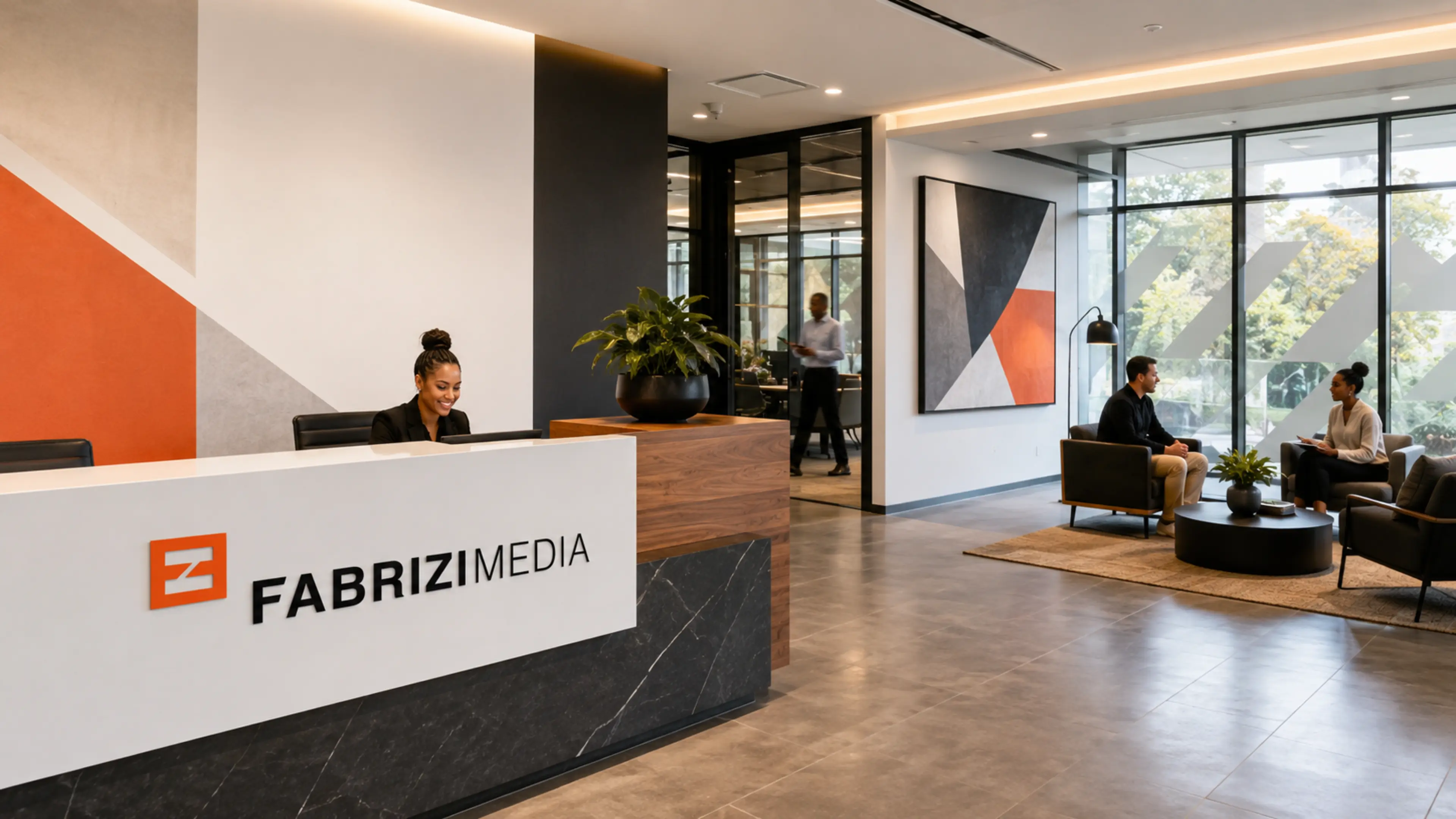 Branded corporate environment with wall graphics, signage and directional wayfinding