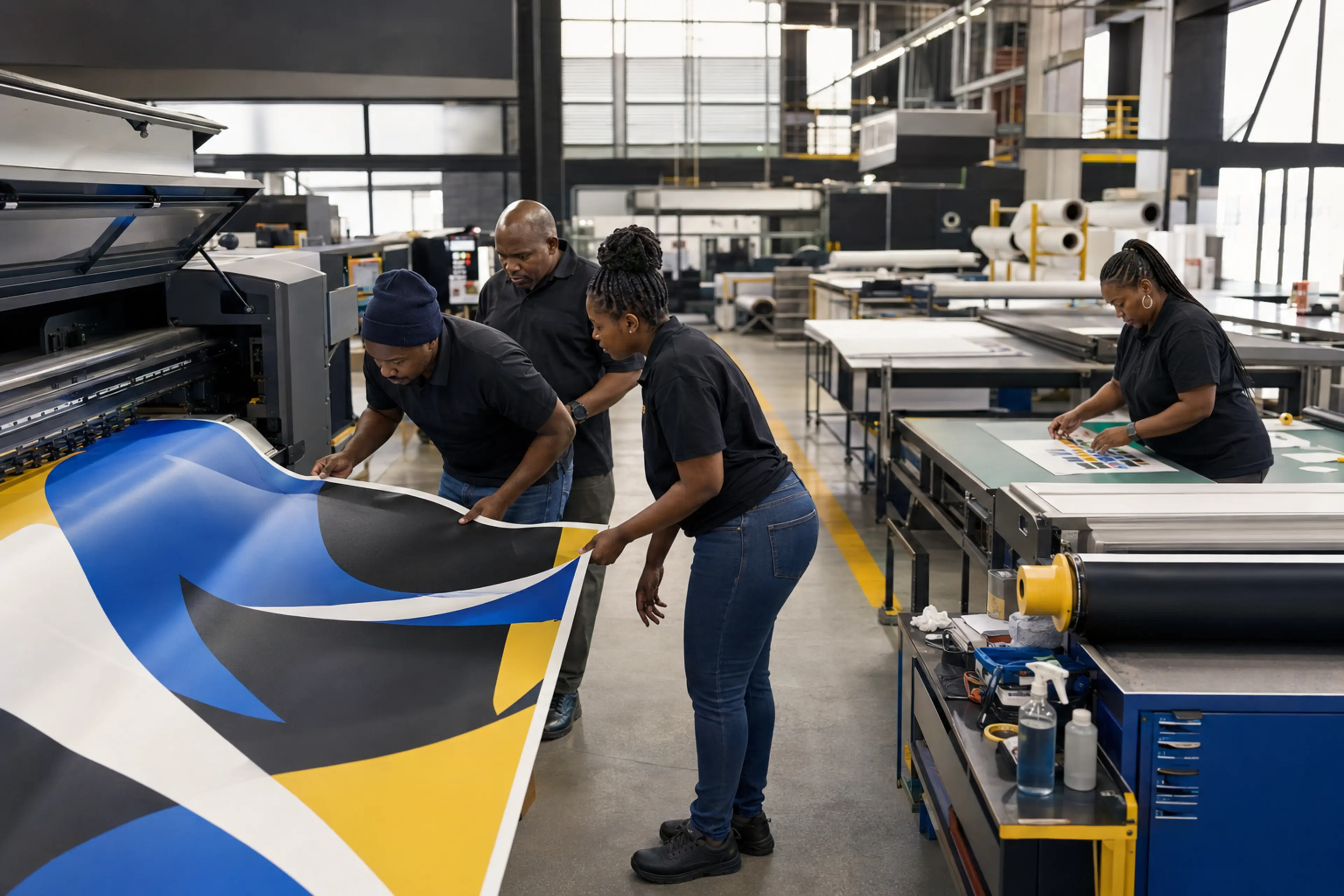 Creative production specialists inspecting large-format printed graphics