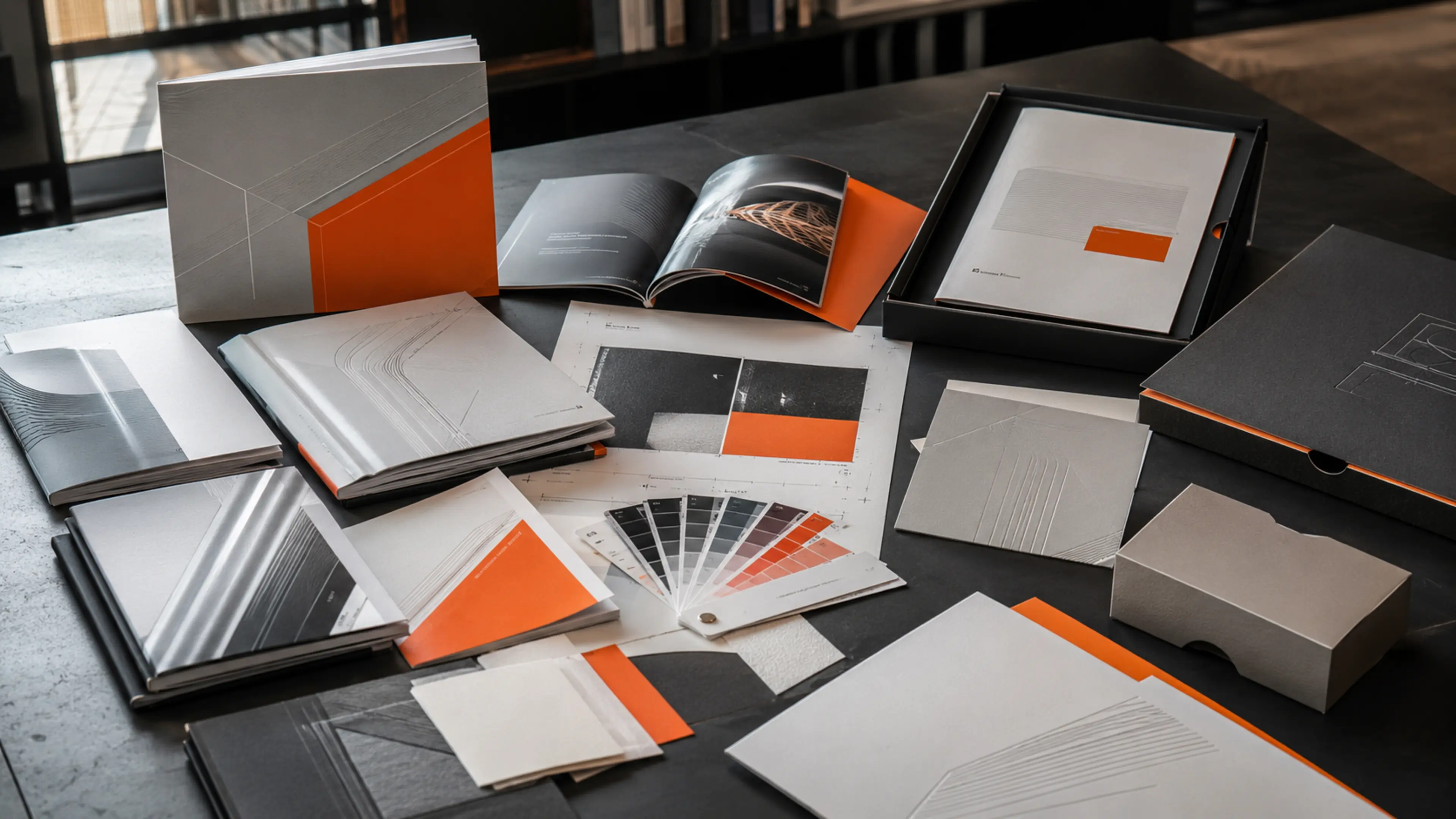 Premium annual reports, magazines, brochures and print proofs arranged in a creative studio